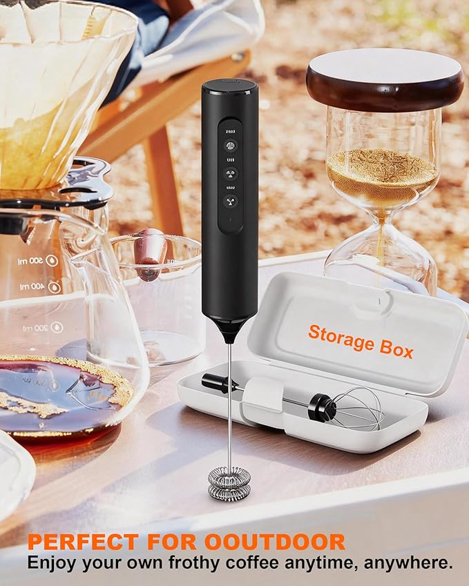 Rechargeable Handheld Milk Frother with Box, 3-Speed Coffee Frother Handheld with 3 Whisks, Dual Coil Whisk Electric Frother Wand for Coffee Latte Cappuccino Matcha and Egg, Kitchen Gift Set