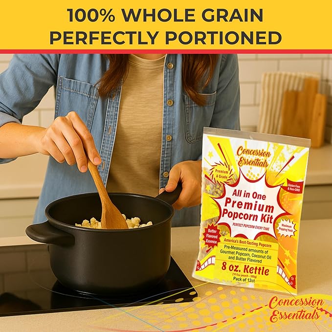 Concession Essentials 8oz Popcorn Portion Packs – Pre-Measured Kernels, Oil & Salt – Case of 12 Packs for Perfect Popcorn Every Time
