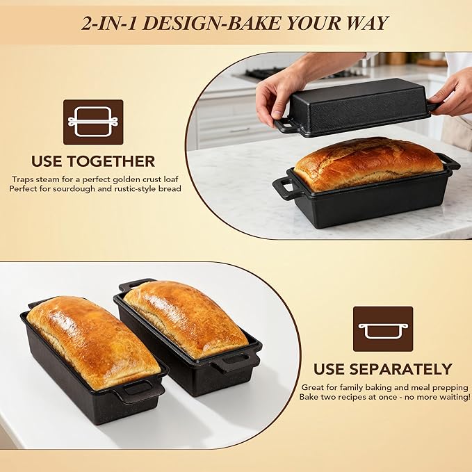 ROTTOGOON 2 in 1 Cast Iron Loaf Pan with Lid,Even Heat Distribution Bread Baking Pans for Sourdough, Homemade Bread,Cake and Meatloaf