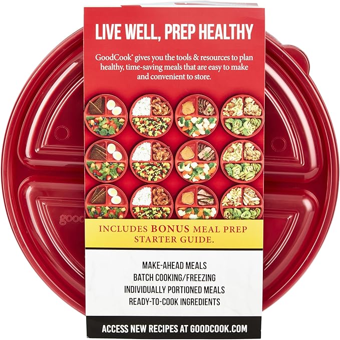 GoodCook Meal Prep Containers Set Microwave & Dishwasher-Safe Round Food Organizers with Labeled Compartments BPA-Free Food Storage Set with Snap Shut Lids Portion Control, 10-Pieces, Red