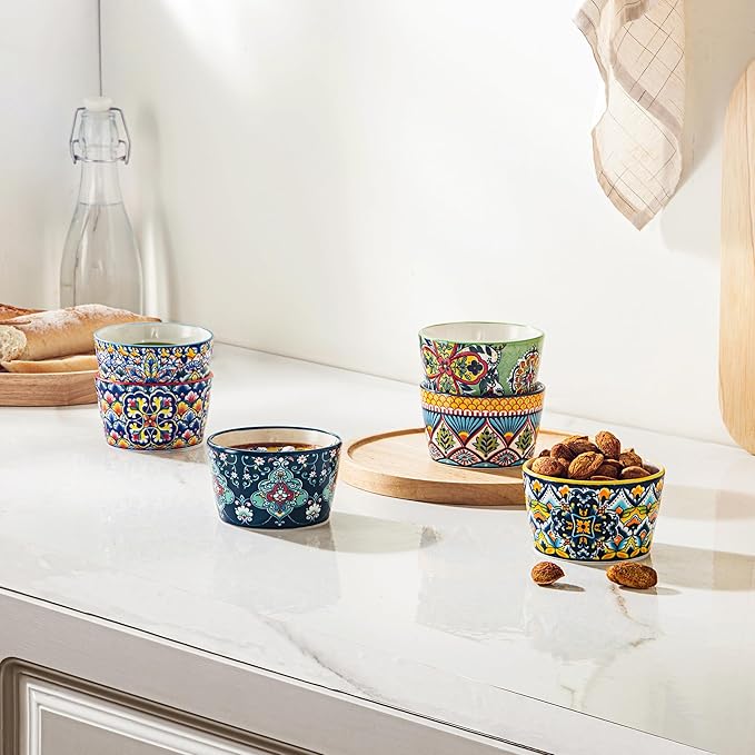 4 oz Ramekins Oven Safe for Creme Brulee – Porcelain Pudding & Custard Cups – Small Serving Bowls for Single-Serve Desserts, Dips & Sauces, Baking Ramekin Set of 6 – Bohemian Style