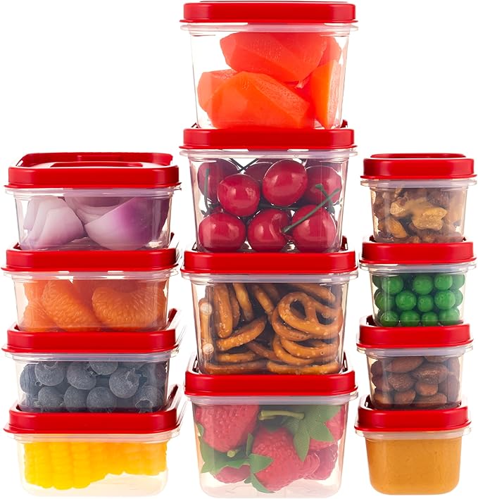 IRIS USA 24 PC Plastic Food Storage Containers With Lids | 12 Extra Small Containers & 12 Lids | For Sides Snack Fruit Dips Condiments, Microwave Dishwasher Freezer Safe, Clear/Red