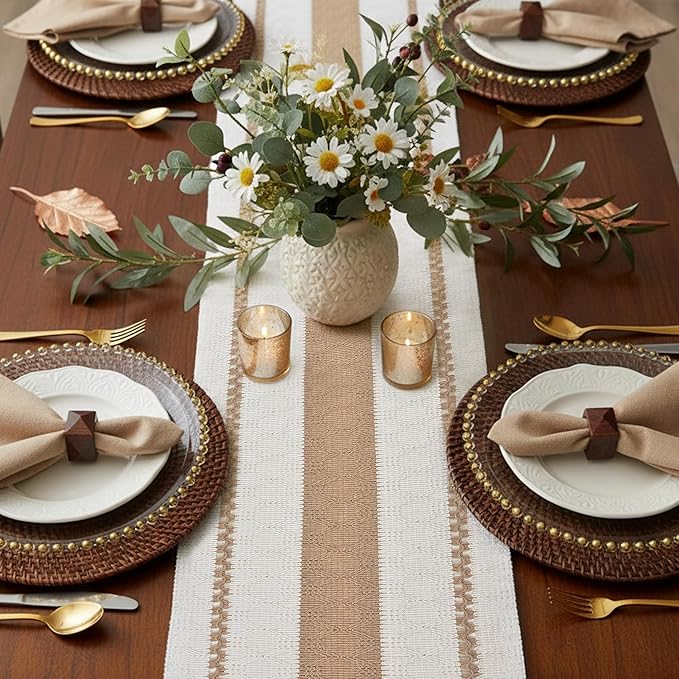 FEXIA Boho Table Runner for Hoilday Spring Home Decor with Tassels 72 Inches Long Pottery barn Furniture Farmhouse Rustic Macrame Burlap Table Decoration for Living Room (12x72 Inches)
