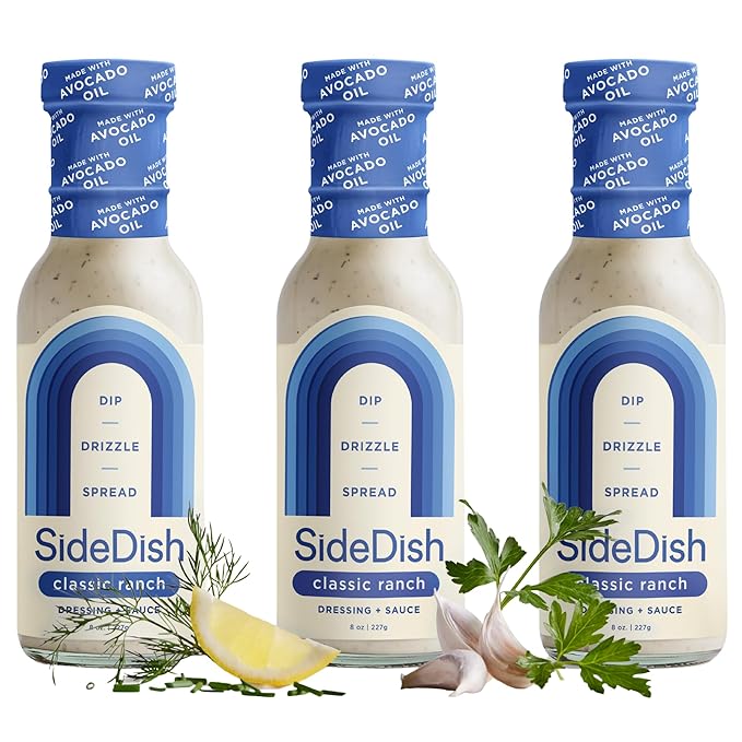 SideDish Classic Ranch Dressing (Pack of 3) - Seed Oil Free, Dairy Free & Gluten Free Salad Dressing w/Avocado Oil - Sugar Free, Low Sodium Healthy Ranch Dressing - Paleo Dressing for Sauces & More