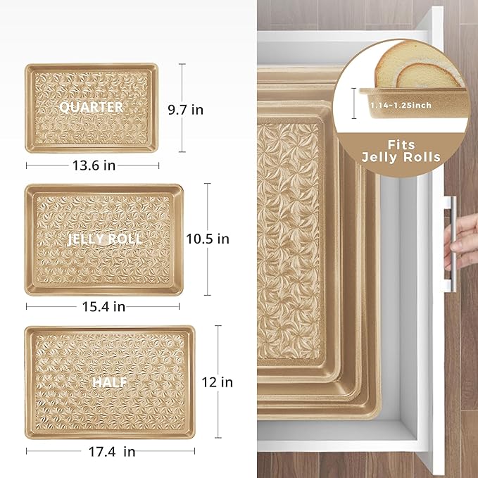 HONGBAKE Nonstick Baking Sheet Pan Set of 3, Cookie Sheets for Oven, Non-Toxic Half/Quarter/Jelly Roll Pans with Floral Swirl Texture, Heavy Duty 0.8mm Thick Oven Trays for Cooking, Antique Gold