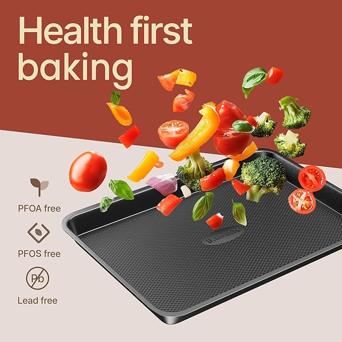 Diamond Bottom Cookie Sheet Set of 2, Nonstick Gray Carbon Steel Baking Pans for Crisp Baking, Space-Saving Stackable Trays, PFOA, PFOS, PTFE Free, Oven Safe Up to 450°F, Small & Medium Pans