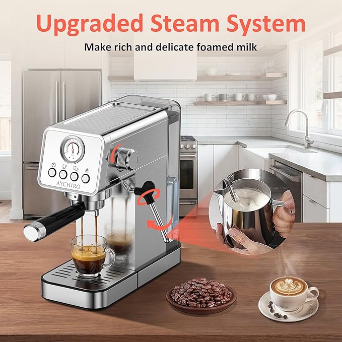 AYCHIRO 20 Bar Semi-Automatic Espresso Machine, Adjustable Espresso Machine with Pressure Gauge, Compact Espresso Maker with Steam Wand, Cup Warmer for Home & Office