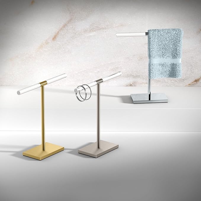 Gatco 1344B, Modern Rectangle Base Freestanding Countertop Towel Holder, Brushed Brass/Acrylic / 10.50" W x 11.13" H T-Shape Style Countertop Hand Towel Holder for Bathroom, Kitchen Towel Rack