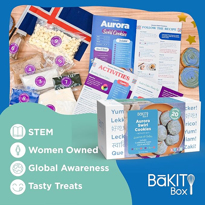 BāKIT Box Aurora Swirl Cookies Baking Kit for Kids, STEM Science of Color Educational Activity Kit, Learn Chromatography, Color Mixing, & More, Includes Organic Food Coloring with Spirulina, Ages 6–13