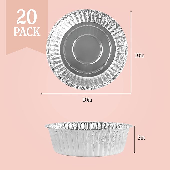 PLASTICPRO 10'' Inch Round Tin Foil Pans Disposable Aluminum, Extra Deep Freezer & Oven Safe - For Baking, Cooking, Storage, Roasting, & Reheating, Pack of 20