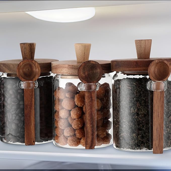 Remerry Set of 4 Glass Jar with Wooden Lid and Spoon, Clear Airtight Spice Canisters Glass Food Storage Kitchen Containers Set for Coffee Bean Tea Sugar (20 oz)