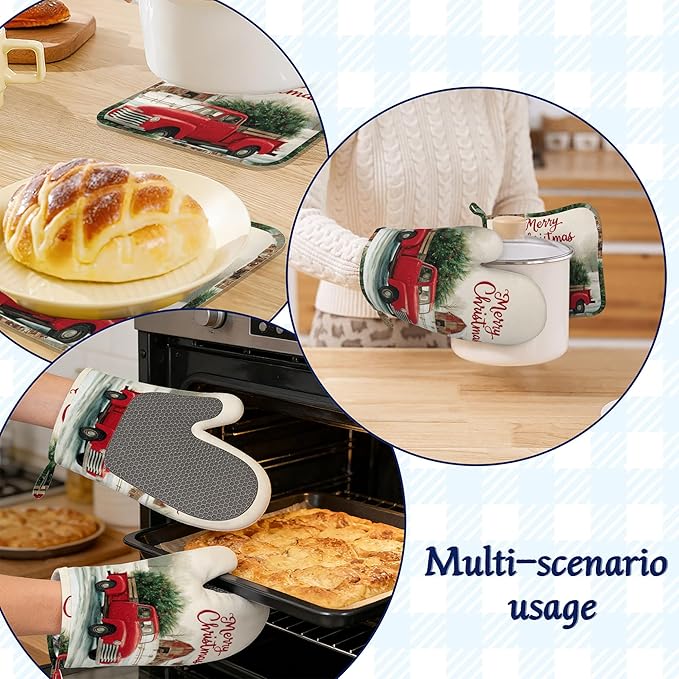 Red Truck Tree Pot Holders and Oven Mitts Set Silicone Winter Merry Christmas Kitchen Gloves Potholders Heat Resistant Washable,Chef Cooking Baking Gifts for Women Men Bakers Lover Cooks