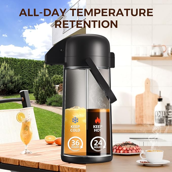 Coffee Carafe for Keeping Hot - Gezoss 102OZ / 3L Airpot Coffee Dispenser with Pump - Large Coffee Carafe for Hot Drinks Tea Liquid - Insulated Stainless Steel Hot Water Beverage for Parties,Black