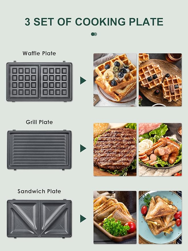 Reemix 3-in-1 Waffle, Grill & Sandwich Maker, Panini Press Grill and Waffle Iron Set with Removable Non-Stick Plates, Perfect for Grilled Cheese, Tuna Melts, Burgers, Steaks (Black, Stainless steel)