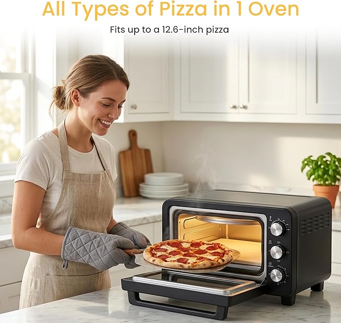Simple Deluxe 1600W Indoor Electric Pizza Oven, 4 Cooking Modes for 12" Pizza, Fast Heating with Dual Independent Temp Control, Includes Pizza Stone & Spatula, Black