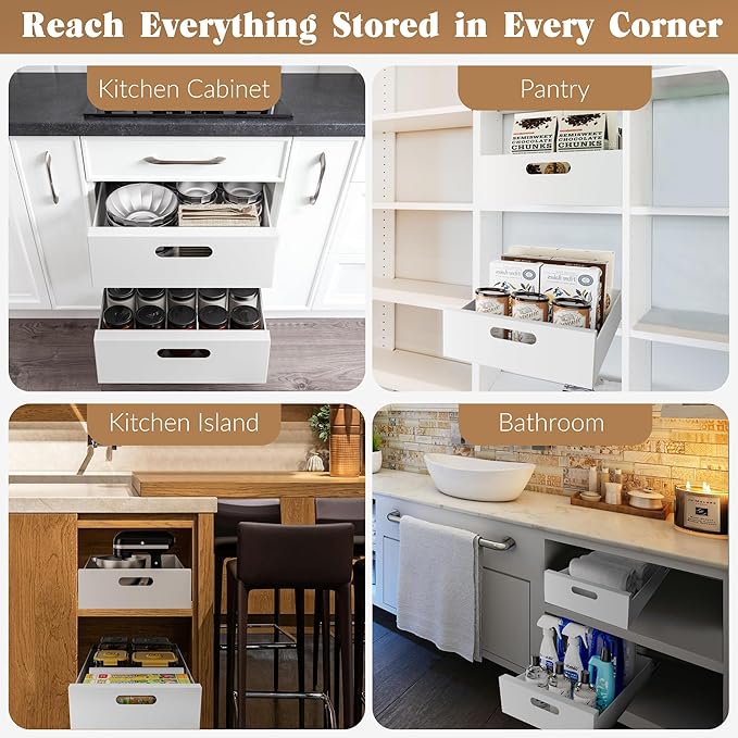 HBL' 2 Pack | 21" Deep Pull Out Cabinet Organizer Adhesive, 12-Inch Wide Sturdy Carbon Steel Roll-Out Drawers for Face Frame or Frameless Cabinets,Slide-Out Shelves for Pantry.