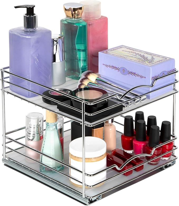 2 Tier Pull-Out Cabinet Spice Rack Organizer - Slim Slide-Out Storage for Spices, Bottles & Jars, Premium Heavy-Duty Steel, Easy Install for Narrow Kitchen Cabinets -10-1/2"Wx10-3/8"Dx8-7/8" H, Chrome