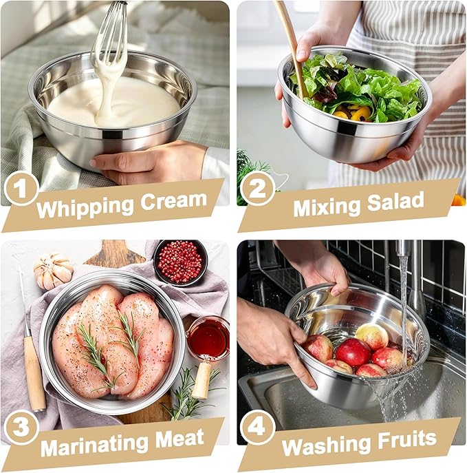 TeamFar Mixing Bowls, Stainless Steel Nesting Salad Bowls with Airtight Lids Set, For Serving/Mixing/Storing, Rust-proof & Heavy Duty, Dishwasher Safe, Set of 3-4.6/3 / 1.5 QT, Khaki