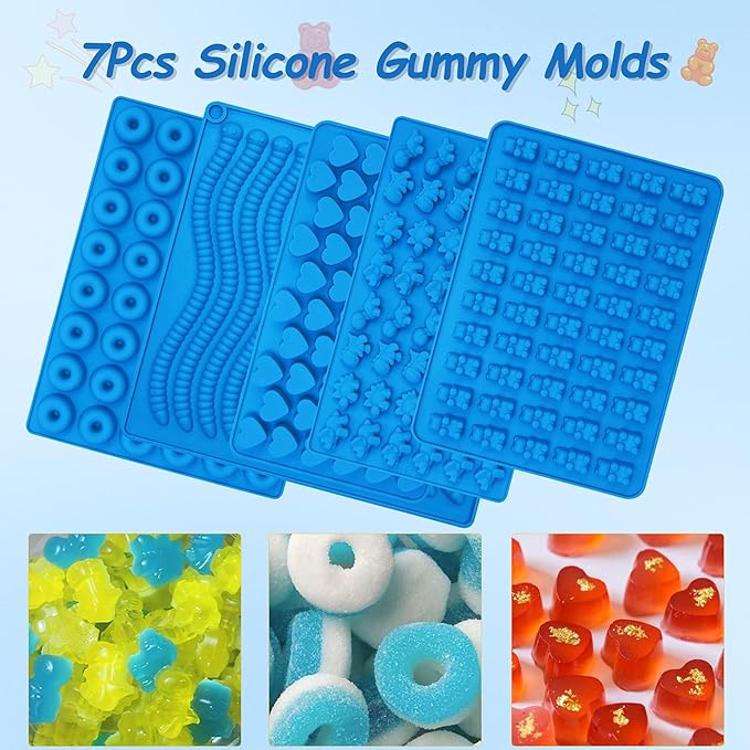 Sidosir 7Pcs Silicone Gummy Bear Molds, Non-Stick Worm Chocolate Mold for Parties, Gummy Heart for Home DIY, Silicone Dinasur Mold for Make Gummies