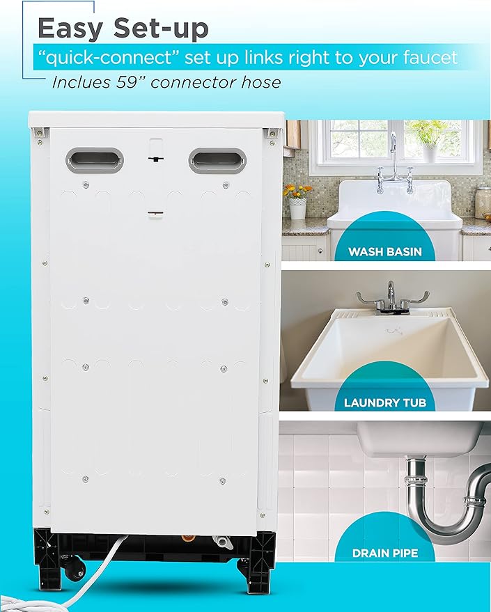 BLACK+DECKER 18” Portable Dishwasher, Compact Dish Washer with 8-Place Setting Capacity, Stainless Steel Tub, 6 Wash Programs, Worktop Space, Mobile Dishwasher with Casters, Faucet Connect, White