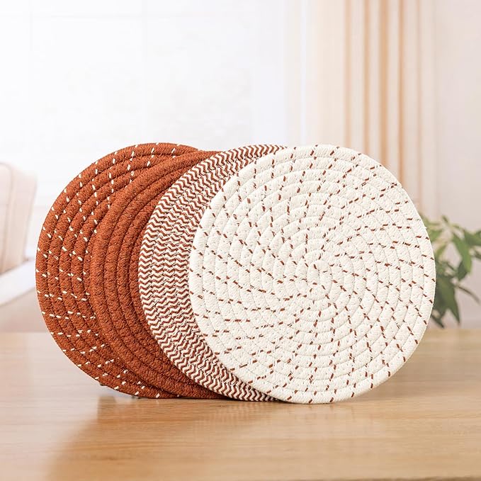 SHACOS 8 Inches Trivets for Hot Dishes, 4 Pieces Cotton Trivets Mats for Kitchen, Hot Pads for Countertops and Table, Heat-Resistant Pot Holders for Hot Pots and Pans(Dark Orange, 4pcs)
