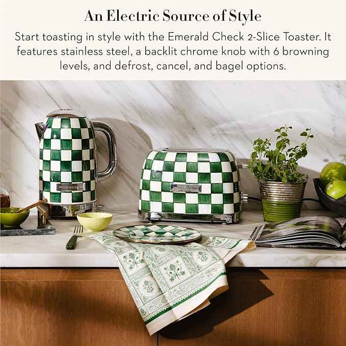 MACKENZIE-CHILDS 2-Slice Toaster, Decorative Toaster for Kitchen, One of Oprah’s Favorite Things, Green-and-White Emerald Check