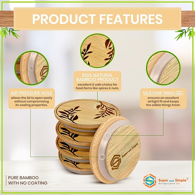 Bamboo Oui Yogurt Jar Lids – Olive Branches Design – 4 Pack | Reusable Airtight Tops for Yoplait Glass Jars | Bamboo Replacement Oui Jar Covers with Silicone Seal | Eco Storage Lids for Yogurt Jars