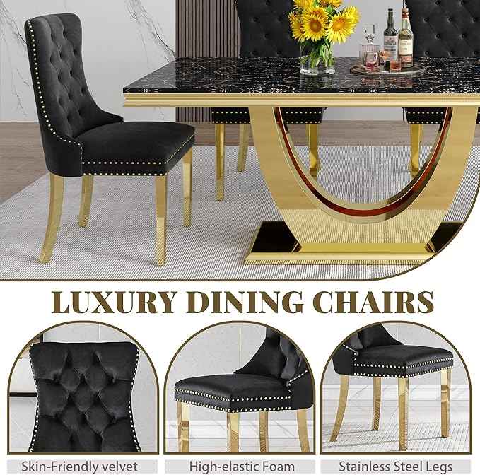 Marble Dining Table Set for 6,70" Black Faux Marble Kitchen Tables and Velvet Chairs for 6,7 Piece Luxury Dining Room Table Set and 6 Upholstered Chairs with Gold Stainless Steel Bases
