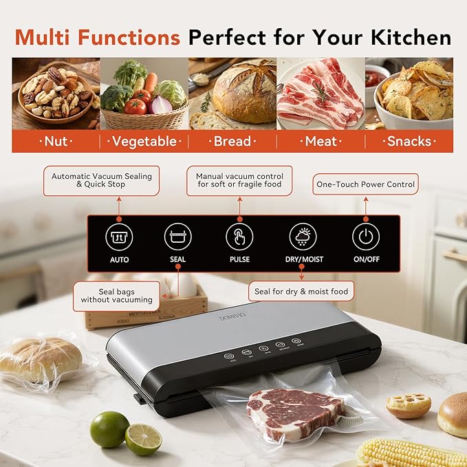 Vacuum Sealer Machine for Food, 5-in-1 Food Saver with Built-In Cutter & 20 BPA-Free Bags – Dry & Moist Modes, Compact Easy-to-Use Vacuum Sealer for Meal Prep (SJ2085)