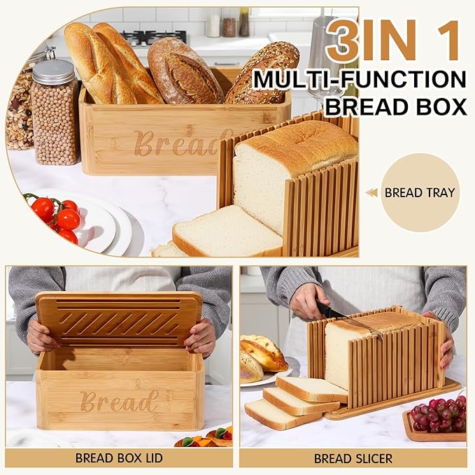 Bread Box with Bread Slicer Storage Container for Kitchen Countertop Food Storage with Multifunction Bamboo Lid, 3 in 1 Breadbox Removable Cut Board for Loaf Slicing (Wood Color,Wooden, Bamboo)