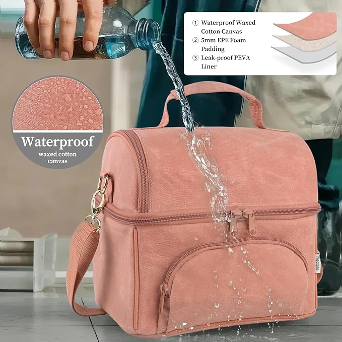 Lunch Box with Ice Packs, Waxed Canvas Lunch Bag for Men, 10.5L Leakproof Insulated Lunch Cooler for Men Work, Dual Compartment Soft Cooler for Work, Camping, Beach & Road Trips