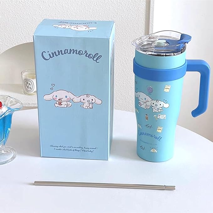 Cinnamoroll Twins Stainless Steel Insulated Tumbler with Lid, Straw & Handle 1200ml - XL Size, Blue