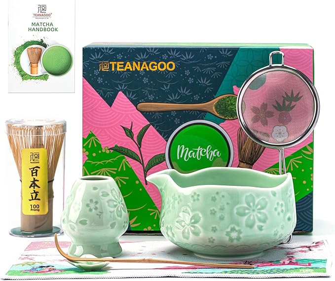 TEANAGOO Matcha Whisk Set,7 Pcs Matcha Set Blue Green,Ceremony Matcha Kit,Matcha Tea Set for Making Latte,Ceramic Bowl(chawan) whith Spout and Whisk,Gift for Matcha Lovers
