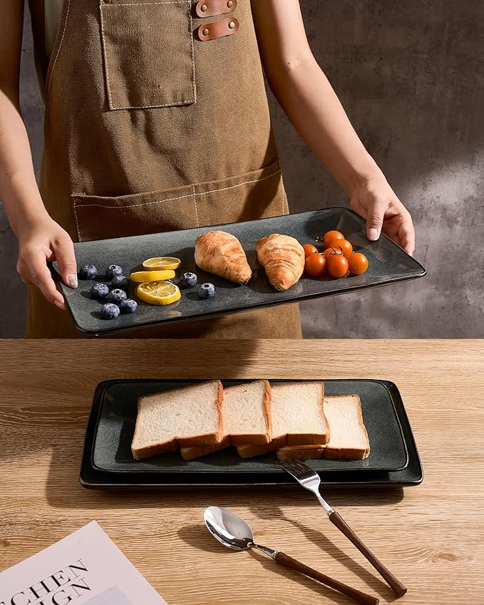 Famiware Serving Platter, Rectangular 15.67/14.1/12.6inch Serving Dishes for Entertaining, Dishwasher Safe, Stoneware Serving Trays for Party, Food, Turkey, Snack, Cheese, Reactive Glaze, Deep Forest