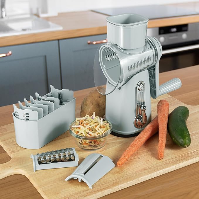 5 in 1 Rotary Cheese Grater with Handle – Stainless Steel Blades, Vegetable Slicer, Shredder, Carrot & Cabbage Grater, Nut Grinder, Easy to Clean Kitchen Gadget (Light Grey)