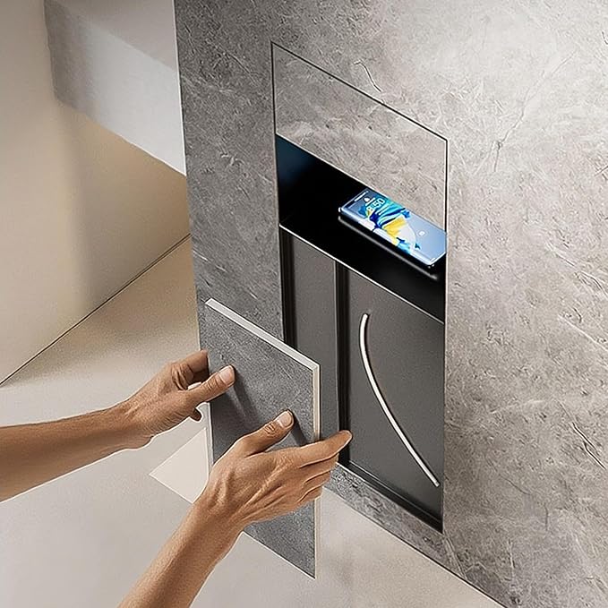 Recessed Bathroom Trash Can & Toilet Paper Holder Tile-Friendly Built-in Hidden Garbage Bin Stainless Steel Recessed Storage Cabinet Shower Nich for Toilet Bathroom Hotel,A