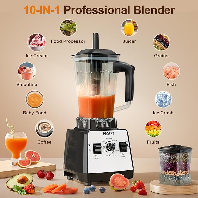Blenders for Kitchen, Smoothie Blender, 2400W/1000W Prasky Blender & Grinder Combo, 25,000 RPM High Speed, 68oz BPA-Free Food Processor, Countertop Blender for Smoothies, Shakes & Food (White,2L)