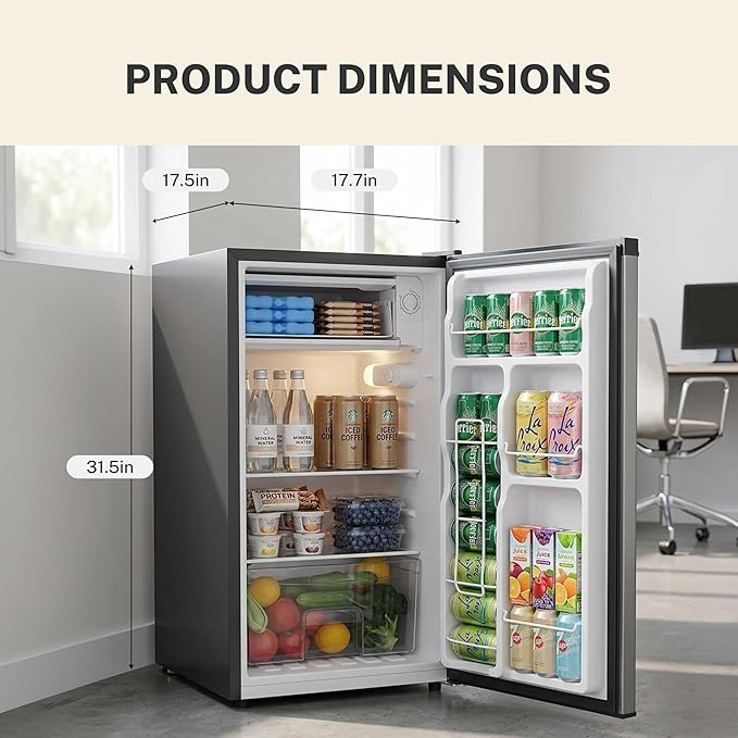 3.2 Cu.Ft Mini Fridge with Freezer, 1 Door Small Refrigerator with Adjustable Thermostat Energy-efficient Low Noise, Compact Fridge for Bedroom, Office, Dorm, Silver