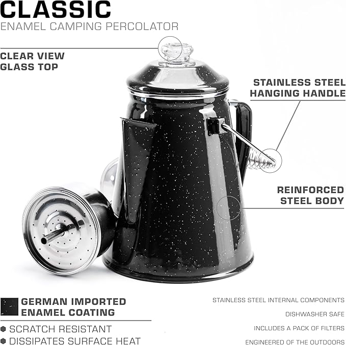 COLETTI Classic Percolator Coffee Pot — The Most Nostalgic Camping Coffee Pot, Now Modernized [Black Enamel, 12 Cup]