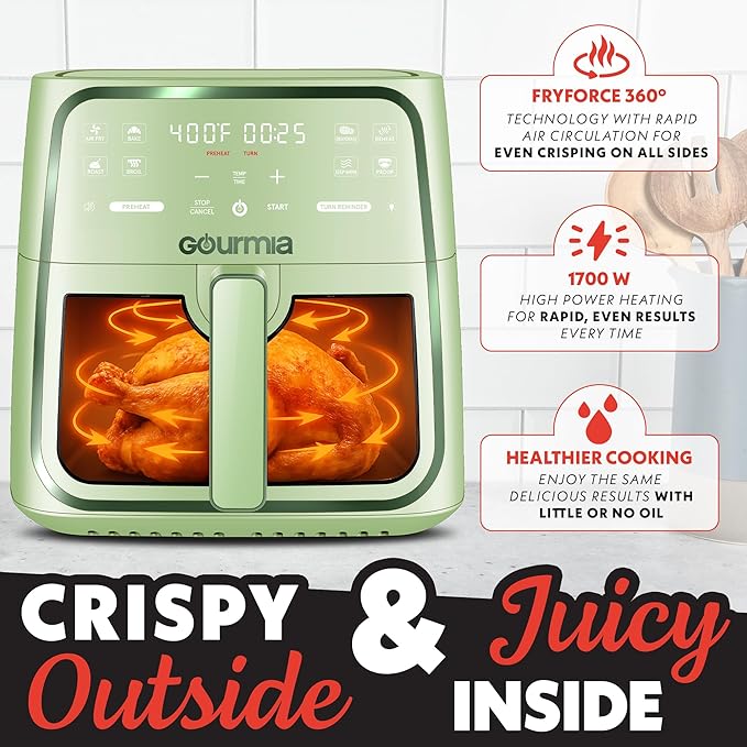 Gourmia 8 Qt Air Fryer, 8 Presets with Digital Display, FryForce 360° Technology, Easy View Window & Interior Light, Dishwasher Safe Basket, Green