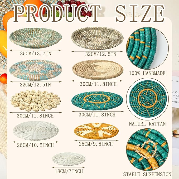 Tatuo 11 Pcs Boho Wall Basket Decor Bulrush Woven Wall Hanging Art Round Farmhouse Rustic Handmade Wicker for Summer Home, Bedroom, Living Room, Kitchen Decorations, Multi Sizes(Bright)