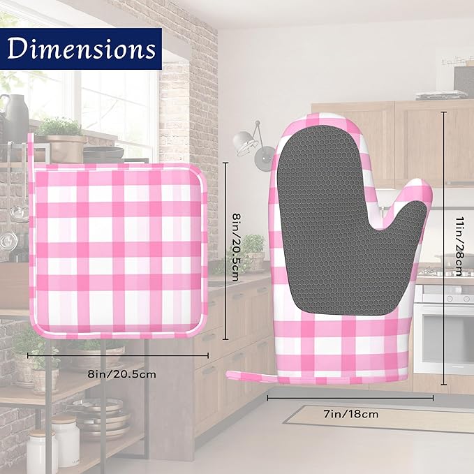 Buffalo Check Plaid Oven Mitts and Pot Holders Pink Checkered Silicone Kitchen Accessories Set of 4 Heat Resistant Non-Slip Long Gloves Potholder for Chef Cooking Baking Gifts Women Men