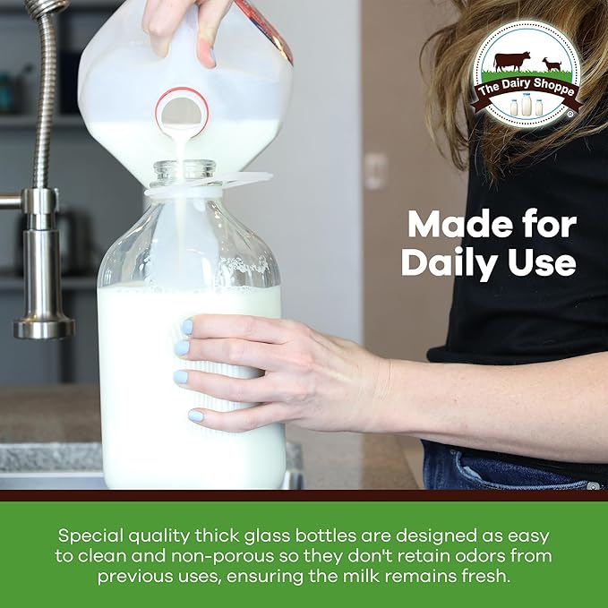 The Dairy Shoppe Heavy Glass Milk Bottle - Jug with Lid and Silicone Pour Spout - Clear Milk Container for Fridge - Reusable Glass Milk Jug Dispenser - Made in USA (64 oz, 1 Pack)