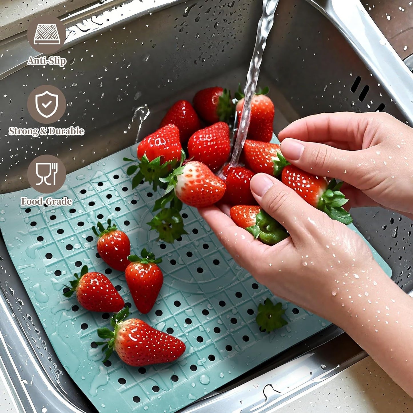 WILLKOMMEN Kitchen Sink Mat, 12" x 10" Rectangular Sink Protector Pad, Fast-Draining Grid Design Liner, Dish Drying Mat 2 Pack Mint Blue