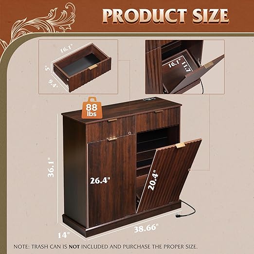 WLIVE 2 * 10 Gallon Double Tilt Out Trash Can Cabinet, Hidden Trash Can Cabinet with 2 AC+ USB Outlets, Storage Drawers, Food/Clothes Storage Pet Proof Kitchen Trash bin Cabinet for Home (Brown)