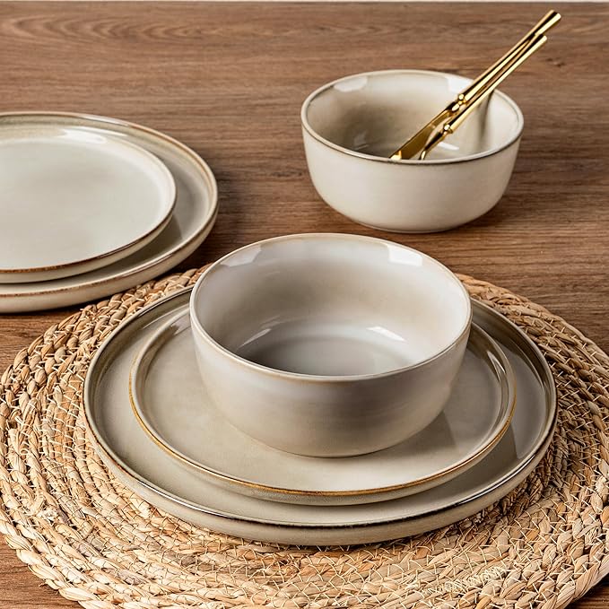 AmorArc Stoneware Dinnerware Sets,Round Reactive Glaze Plates and Bowls Set,Highly Scratch Resistant | Dishwasher & Microwave Safe Dishes Set,Service for 4 (12pc)