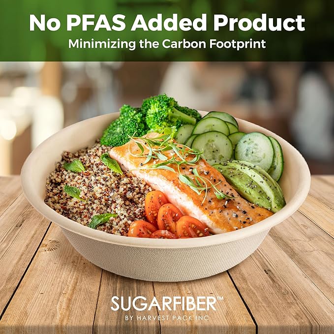 [500 COUNT]Harvest Pack PFAS FREE 32oz Round Paper Bowls, Compostable Heavy-Duty Eco-Friendly Disposable Bagasse Large Soup Bowls, sugarcane made for Meal Prep Takeout Dinnerware, Microwave Safe