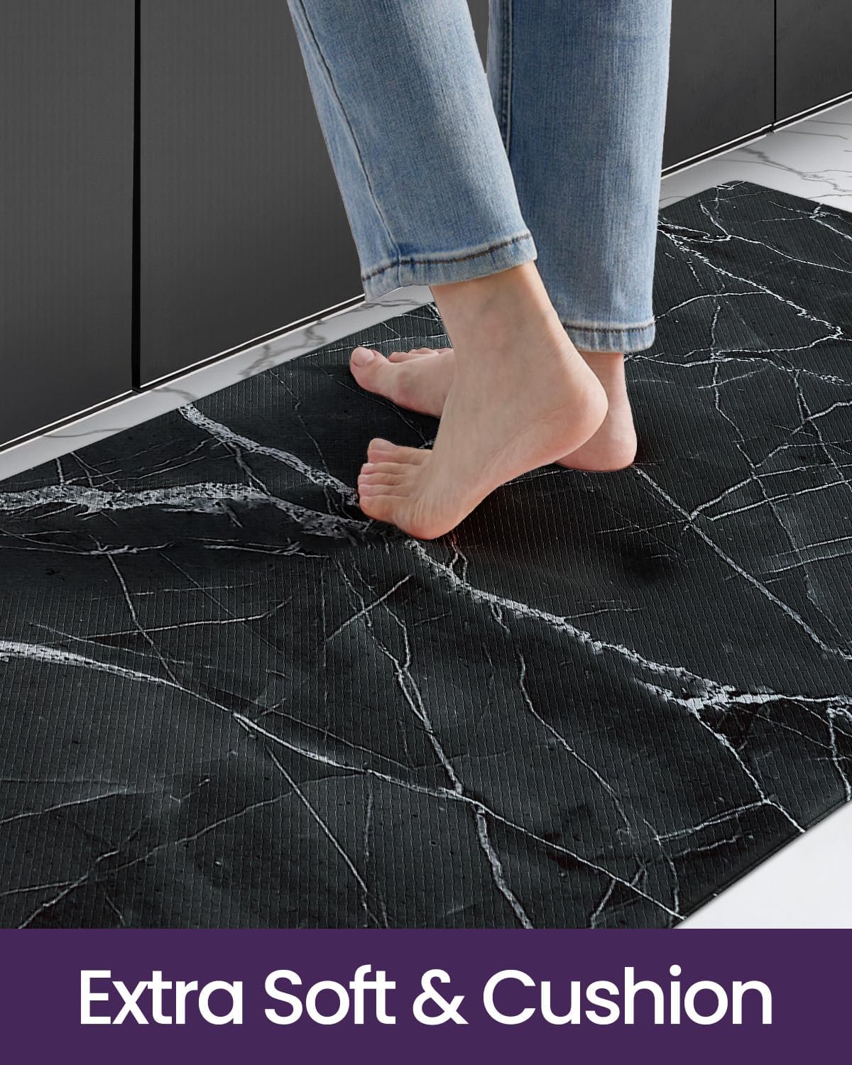 DEXI Kitchen Floor Mats Cushioned Anti Fatigue, 23x86 Large Long Standing Comfort Runner Rug Waterproof, Marble Memory Foam Padded for Front Sink Laundry, Black