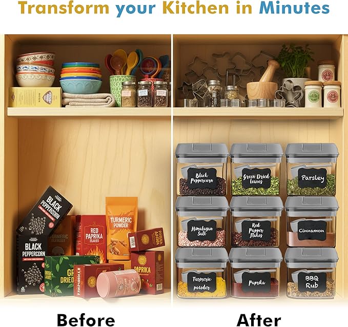 Shazo 9 PC Airtight Food Storage Containers - BPA Free Clear Plastic Snack & Spice Containers with Easy Lock Lids - Kitchen and Pantry Organization for Herbs, Coffee, Tea - 0.5L / 2.1 Cups