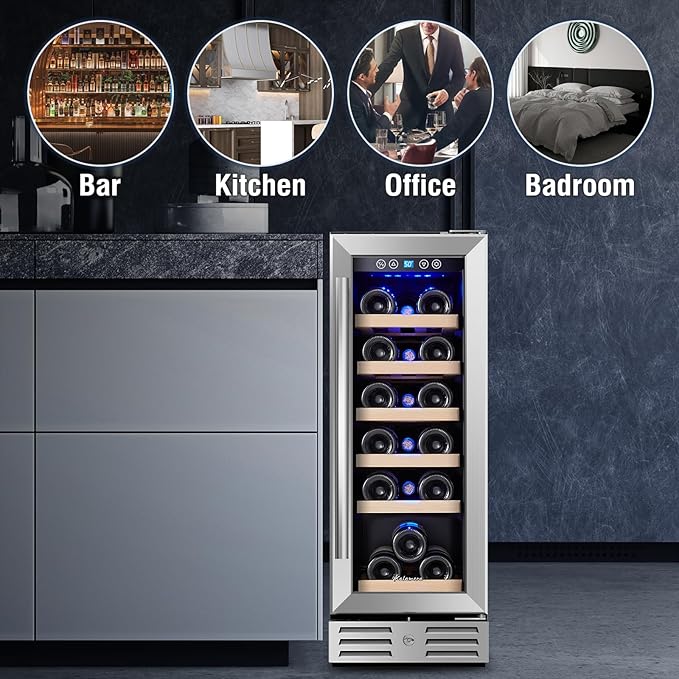 Kalamera Mini Fridge 18 Bottle - 12 inch Wine Cooler Refrigerator, Built-in or Freestanding, with Stainless Steel & Double-Layer Tempered Glass Door, and Temperature Memory Function Wine Fridge